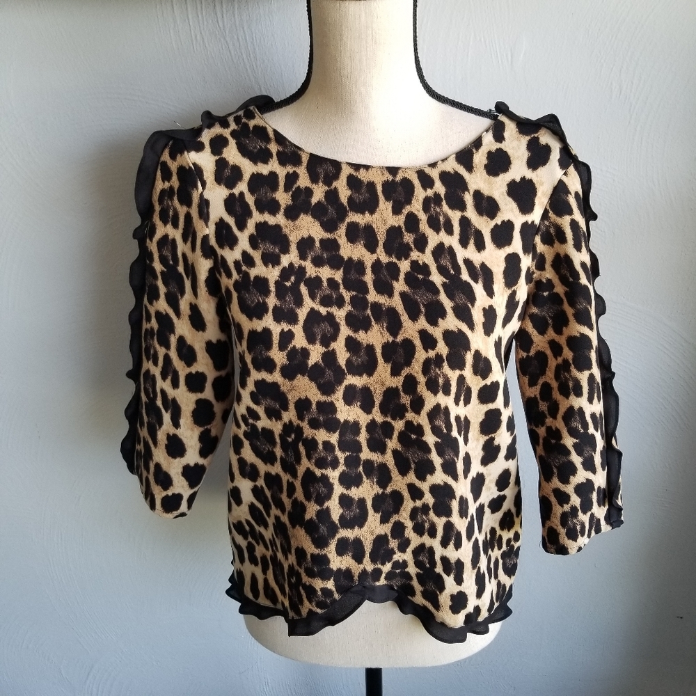Zara Leopard Print Ruffle Blouse Sz XS